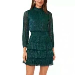 1 State Tiered Shimmery Emerald Mini Dress
